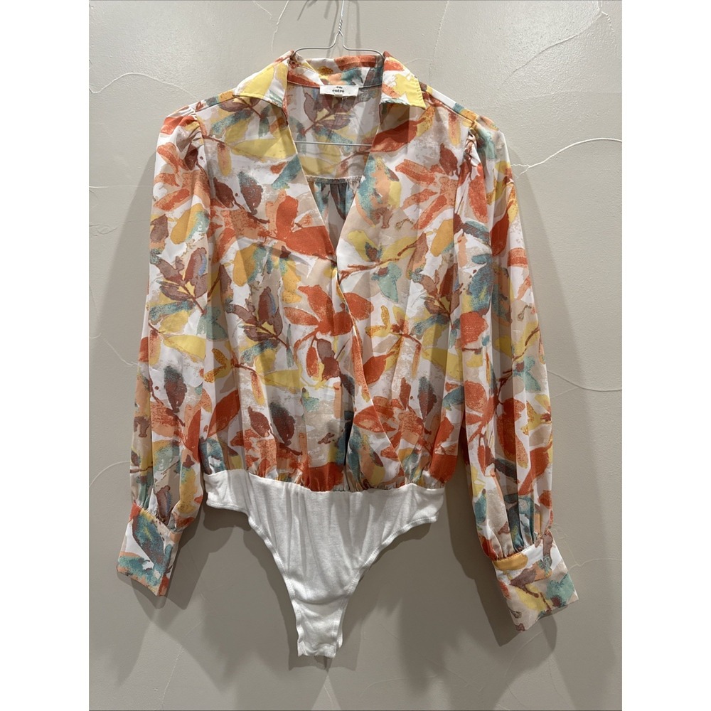 Entro Watercolor‎ Floral Bodysuit Sz S Faux Wrap Feminine Stretch Autumn Leaves
